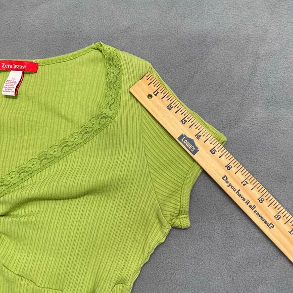 Vtg Y2K 00s Babydoll Jersey Knit Ruched Lace V Neck Lettuce Hem Top 1X LimeGreen - Picture 7 of 9